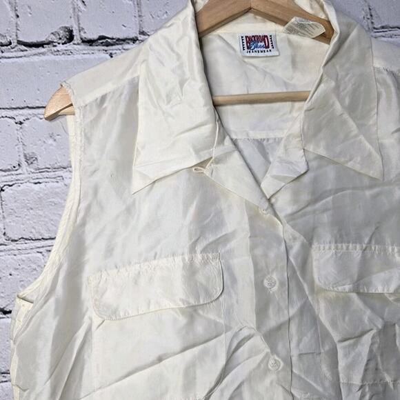 Vintage Backroad Blues 100% Silk Cream Button Up Sleeveless Blouse Size Large - Picture 4 of 10
